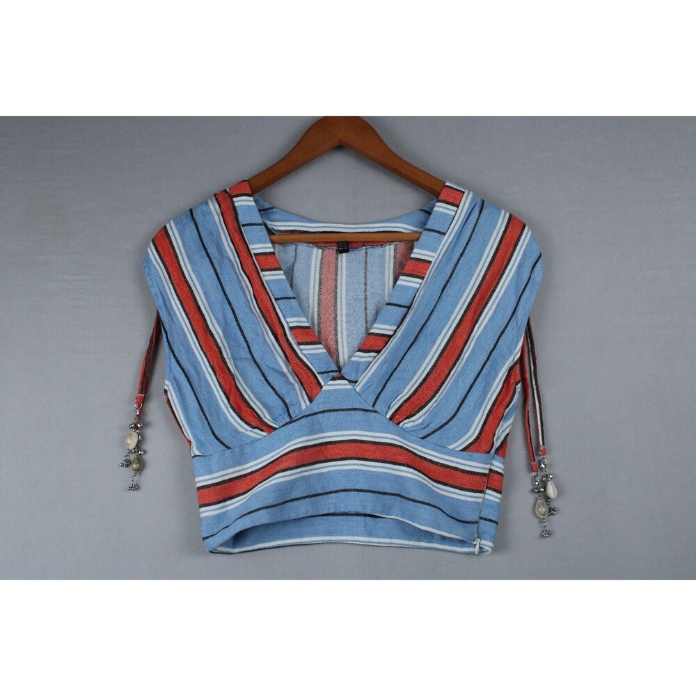 Studio F Women Top XXS Decorative Charms Vneck Sleeveless Striped Red Blue White
